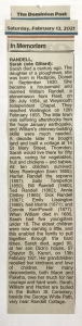 An 'In Memoriam' notice cut from the newspaper for Sarah Randell